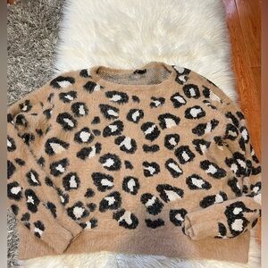Leopard Print Tan Fuzzy Sweater